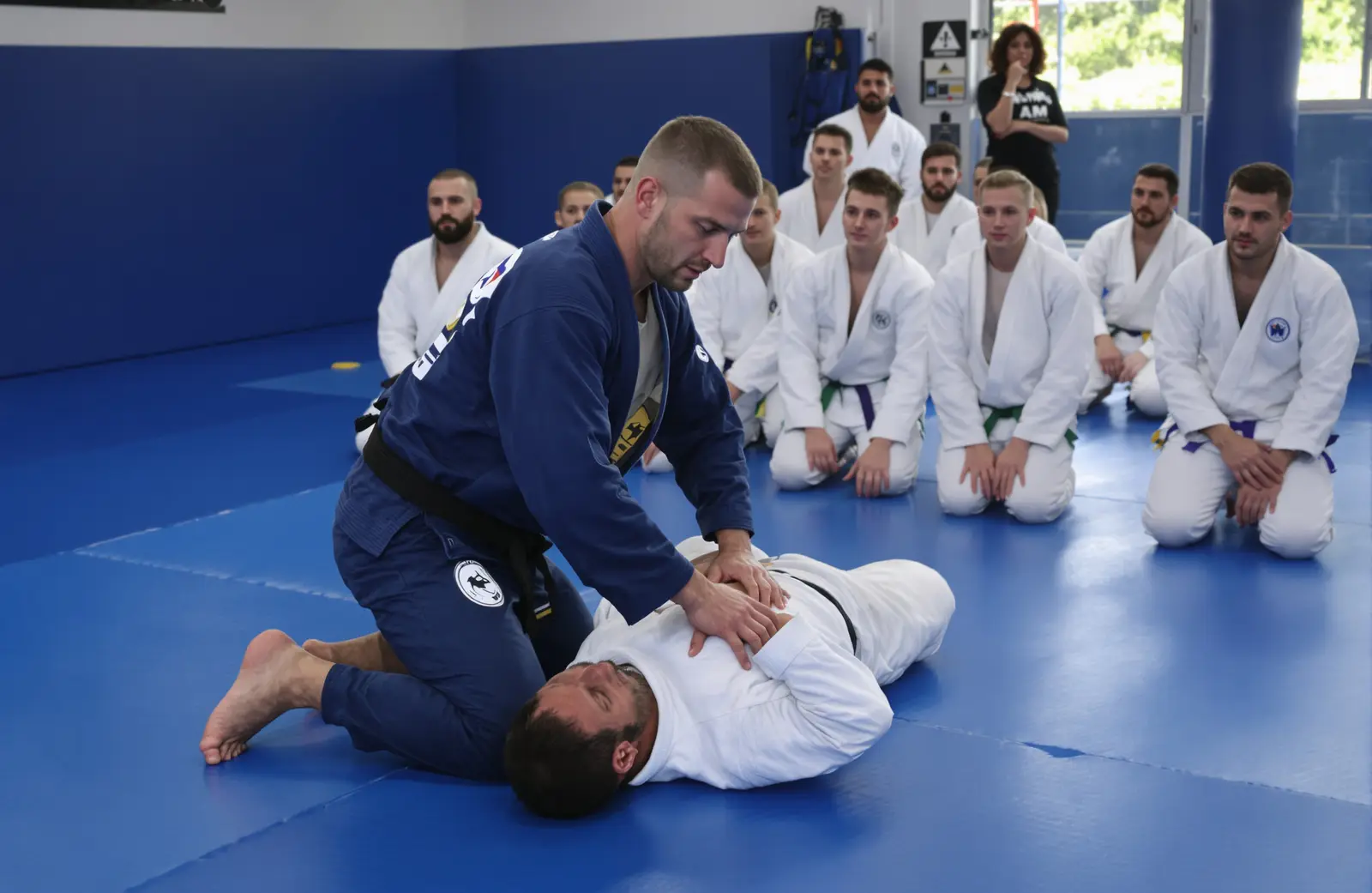 An instructor demonstrates a pin on a partner while a row of beginners in white gis kneels and watches