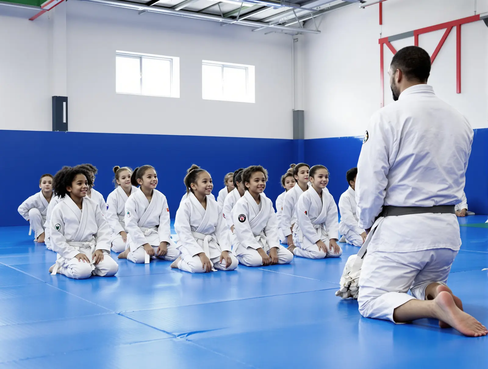 A kids class in white gis kneeling on the mat, smiling at their coach